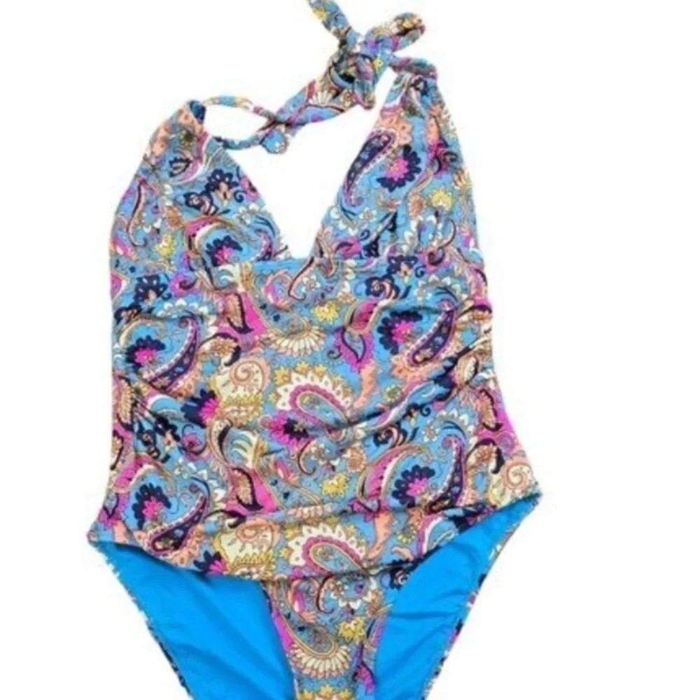 Lucky Brand Colorful Paisley Halter Swimsuit, size L - Picture 2 of 7